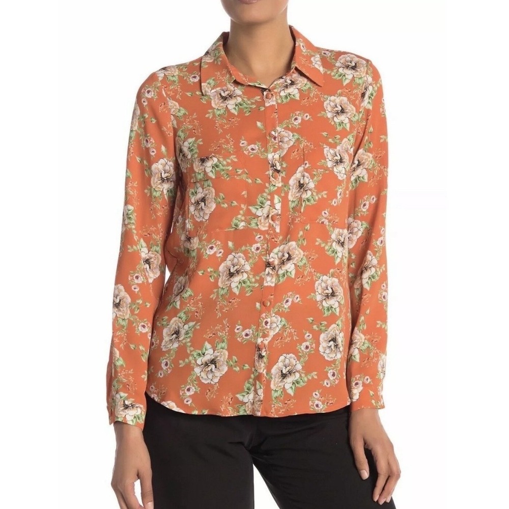 Pleione Orange Floral Button Down Blouse Women Long Sleeve Boho Retro Fall Small